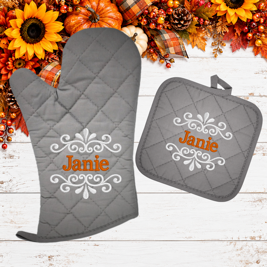 Personalized Flourish Embroidered Oven Mitt Pot Holder Kitchen Set