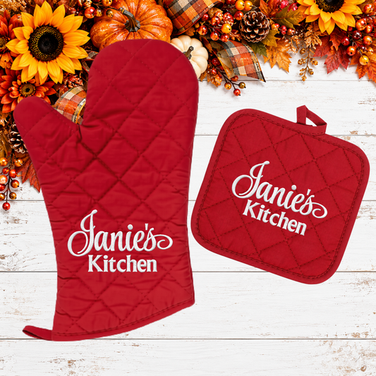 Personalized Embroidered Oven Mitt Pot Holder Kitchen Set